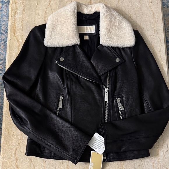 NWT Michael Kors Black Leather Jacket with real fur Collar